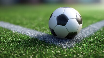 Fototapeta premium Soccer Ball Sitting on a Field Next to a White Line
