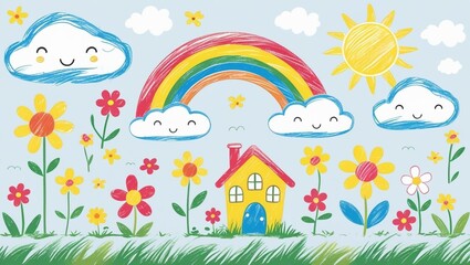 Kid crayon hand drawn background. Children school pencil bg. Cute summer flower, cloud, house, rainbow sun child icon. Vector kid sketch illustration. Cute crayon children pattern. Color pencil doodle