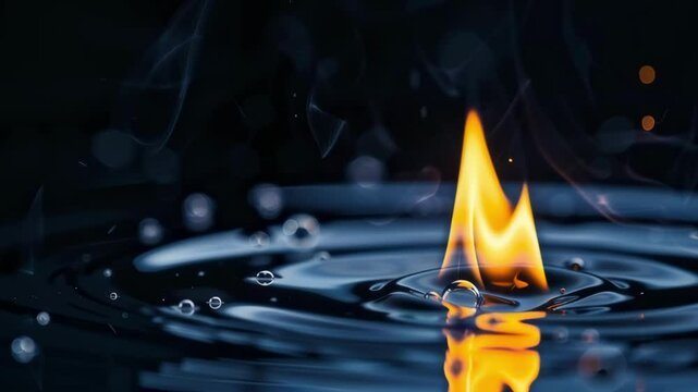 Fire burning on a water surface with reflection against a dark background. Abstract concept of elemental contrast. Use for dramatic intros and conceptual visuals