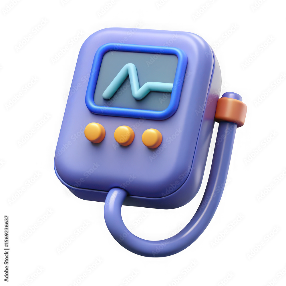 Poster 3d cartoon heart rate monitor with ecg graph and buttons isolated on transparent background