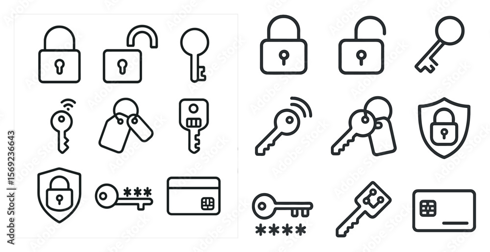 Poster set of keys and locks are shown in a black and white style. the keys are of various sizes and shapes