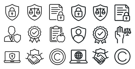 Set of icons for various legal and business concepts. The icons include a man in a suit, a handshake, a laptop, a key, a shield, a gavel, a person with a hand on a shield