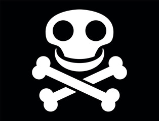 Pirate flag with skull and crossbones, cartoon illustration of human skull with crossed bones, isolated on black
