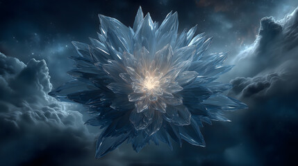 Symmetrical ice crystal flower floating in cosmic frozen mist
