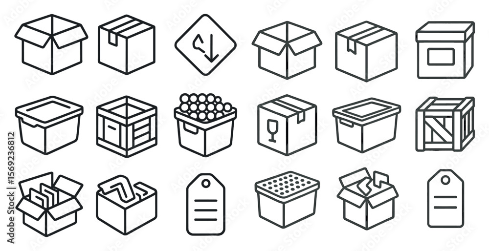 Poster set of boxes with various shapes and sizes. some boxes are open, while others are closed. the boxes 