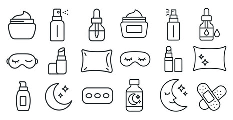Collection of various items related to sleep and relaxation, including pillows, bottles, and a bottle of lotion