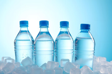 bottles of water, water bottles, clear plastic bottles, cold refreshing water, still life photography, minimalist product shot, clean background, blue fint, bright lighting