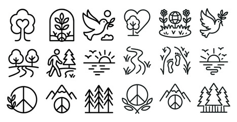 Naklejka premium Series of black and white icons that represent various aspects of nature and peace. These icons include trees, mountains, birds, and a sun, among others