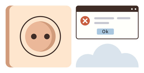 Electrical outlet alongside error message window and cloud element conveying technology, energy, or cloud issues. Ideal for IT, energy, cloud storage, error handling, troubleshooting
