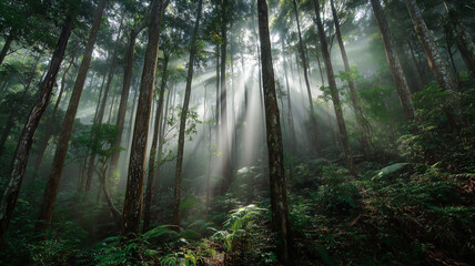 Fototapeta premium Cinematic angle showing ancient rainforest trees