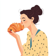 a girl biting a croissant