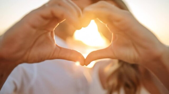 Hands forming a heart shape at sunset, a couple at the beach