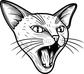 Yawning cat face illustration detailed black and white feline head, open mouth, expressive eyes animal line art