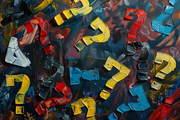 Bold, colorful question marks painted on a textured background represent uncertainty, inquiry, and the search for answers