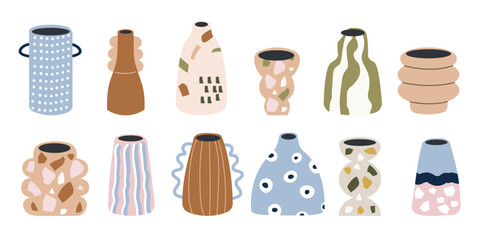 Set of vases. A collection of different geometric vases. Different types of ceramic pottery. Spring, summer elements sticker bundle