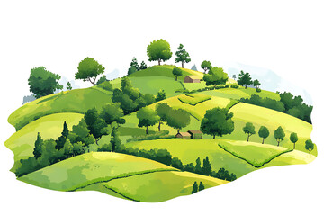 Lush green rolling hills with scattered trees and small farmhouses under a bright sky