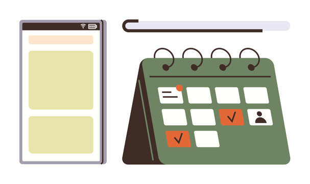 Smartphone with task list alongside a desk calendar highlighting plans, deadlines, and time management. Ideal for organization, productivity, planning, workflow, goals, scheduling simple flat