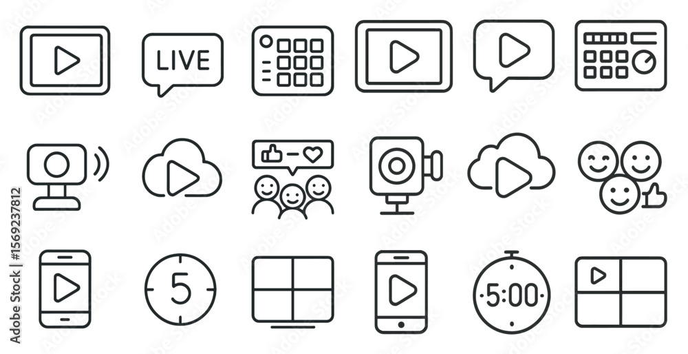 Poster set of icons for various media and communication devices. the icons include a camera, a phone, a com