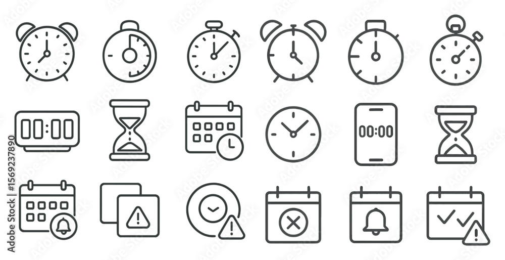 Poster set of clocks and calendars with a bell and a red exclamation point. the clocks are all different si