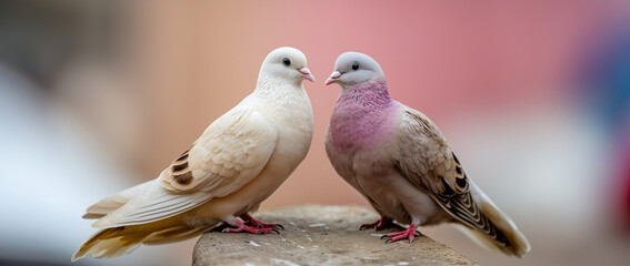 Fototapeta premium Two beautiful doves standing side by side, showcasing distinctive colors and features in a serene setting