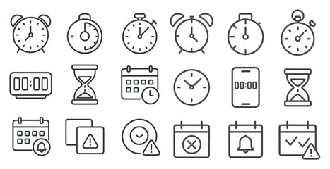 Set of clocks and calendars with a bell and a red exclamation point. The clocks are all different sizes and are lined up in a row