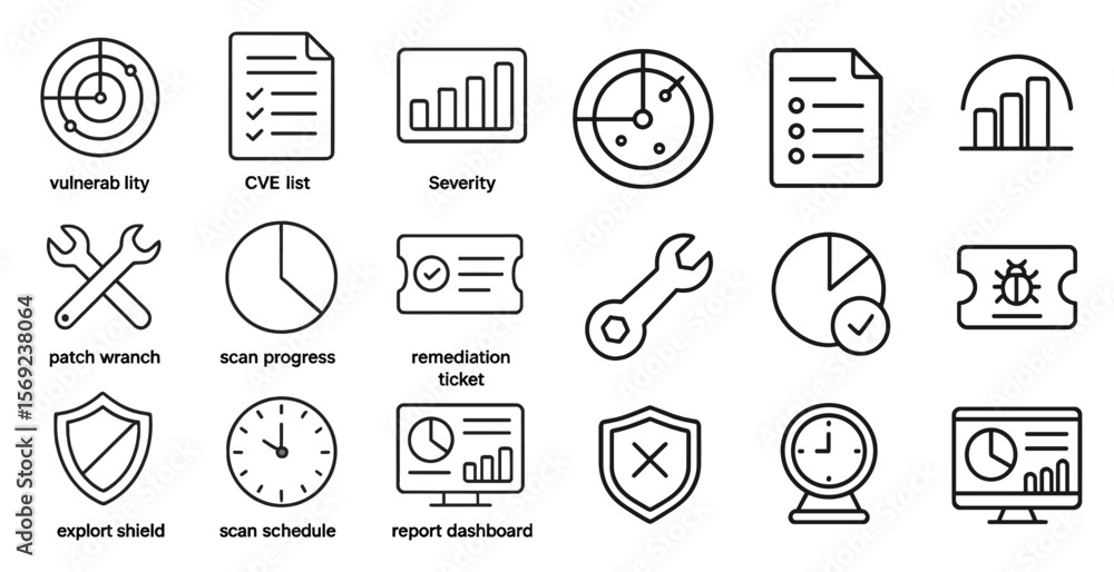 Poster set of icons for a computer program. the icons include a clock, a wrench, a patch, a ticket, a shiel