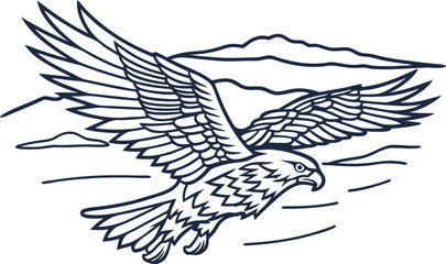 Flying eagle outline illustration with spread wings, mountain landscape background, wildlife freedom concept
