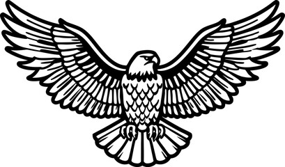 Obraz premium Strong majestic eagle with wings spread wide bold black outline, flying bird symbol of power and freedom