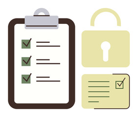 Checklist clipboard, closed padlock, and approved document symbolize tasks, verification, security, compliance, data protection, management and approval. Ideal for organization workflow privacy