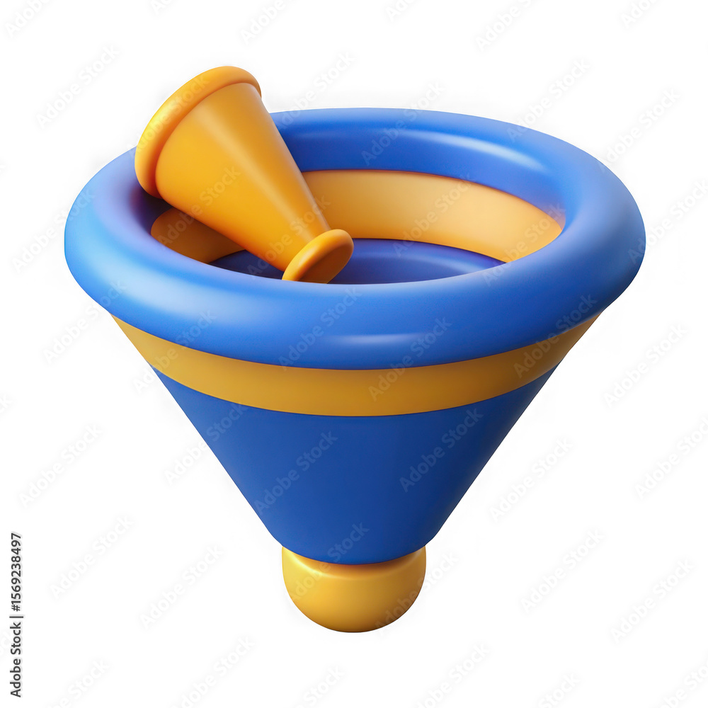 Poster 3d rendered blue and yellow funnel with a smaller megaphone inside isolated on transparent backgroun
