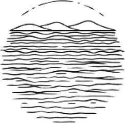 Minimalist line art of mountain landscape with sunrise and calm water abstract nature horizon, peaceful panoramic scene