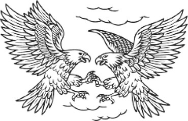 Fototapeta premium Two eagles with outstretched wings facing each other, talons locked, detailed black line drawing illustration