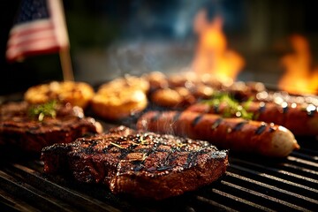Grilling Delights for a Patriotic Celebration Sizzling Steaks, Sausages, and American Flag Backdrop