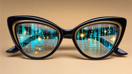 Retro Eye Glasses Reflecting Digital Cityscape on Beige Background