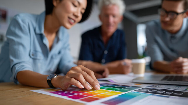 Creative collaboration in modern workspace, showcasing diverse team discussing color palettes and design options