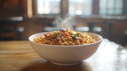 Hot steaming noodles in a large bowl.