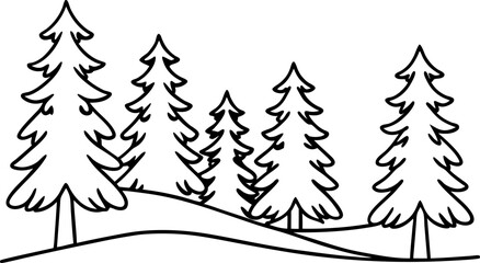 Fototapeta na wymiar Pine trees in forest landscape, black and white line art nature illustration with conifer outlines on hills