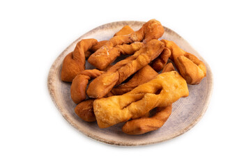 Crunchy biscuit Brushwood cookies isolated on white, side view, close up