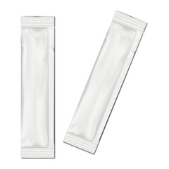 Blank white three-side seal sugar stick sachet packet with tear notches. 3d mockup. Long plastic pouch bag. Realistic vector mock-up. Food, medical product individual package. Template for design