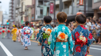 Children Wearing Yukata at Awa Odori Festival Parade in Japan – Traditional Celebration with Floral Attire