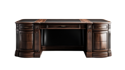 Executive work desk made of dark wood with leather surface Transparent background, PNG