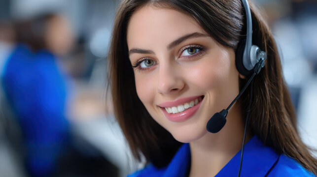 Smiling customer service representative wearing headset, providing assistance modern office environment, showcasing
