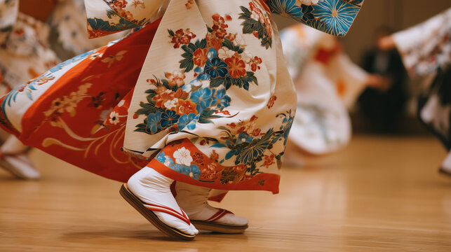 Elegant Kimono Dance at Awa Odori Festival in Japan with Traditional Footwear and Graceful Movements Indoors
