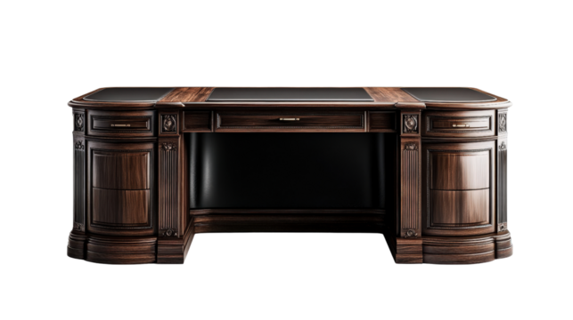 Executive work desk made of dark wood with leather surface Transparent background, PNG