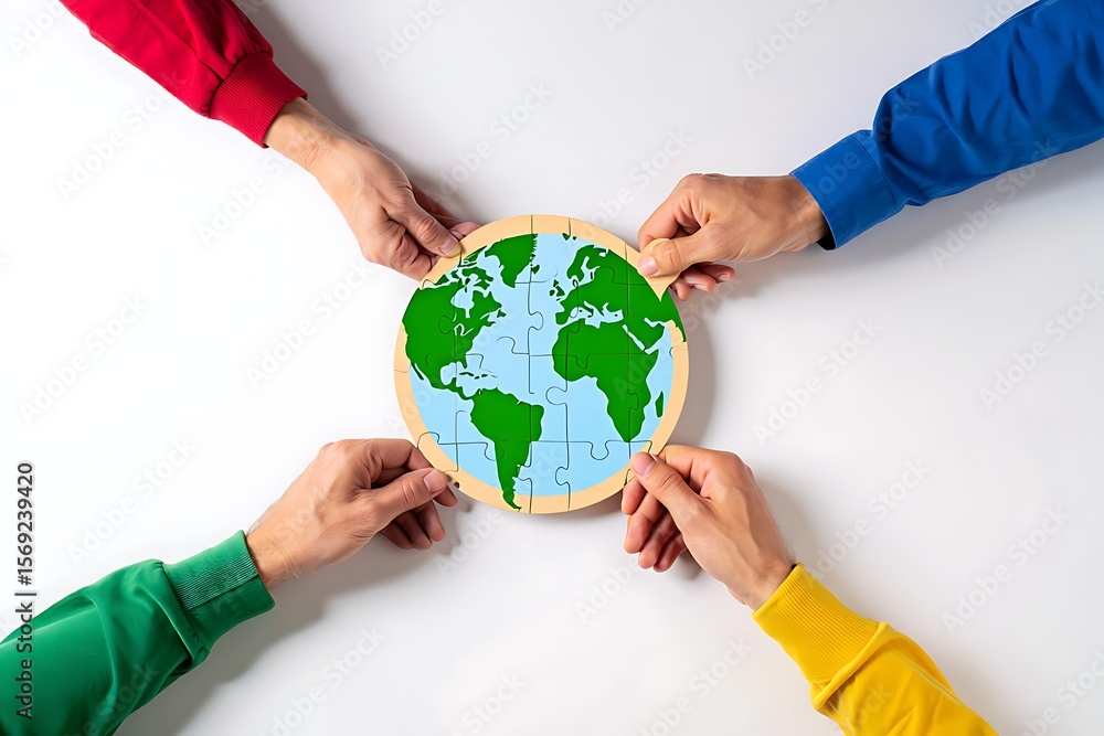Poster four diverse hands wearing colorful sleeves collaborate to assemble a circular jigsaw puzzle depicti