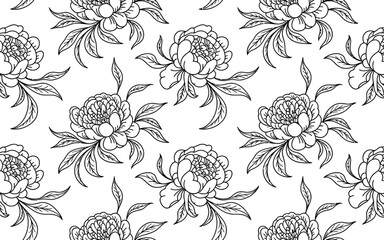 Fototapeta premium Black and White Peony Floral Pattern on White Background 2