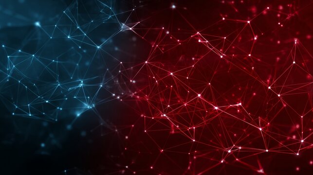 Futuristic Red and Blue Plexus Background with Interconnected Points and Lines in 3D Visualization