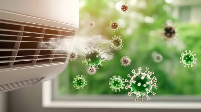 Air conditioning unit blowing air with visible virus particles in the foreground. Green foliage is seen through the window, indicating an indoor environment.