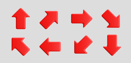 3d red arrow icon set. Vector direction sign isolated on gray background.