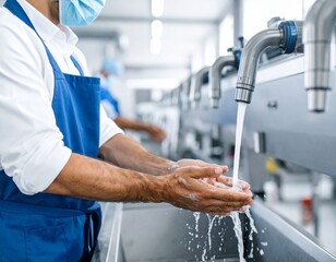 A person in a blue apron and mask washes their hands under running water in an industrial or commercial kitchen setting.